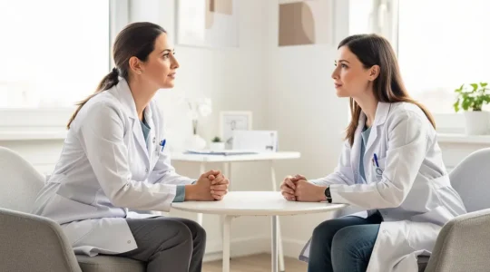Chirurgien esthétique parisienne écoutant attentivement une patiente lors d'une consultation dans un cabinet lumineux