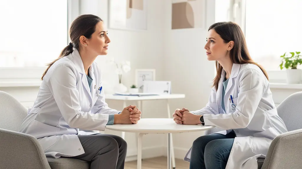 Chirurgien esthétique parisienne écoutant attentivement une patiente lors d'une consultation dans un cabinet lumineux