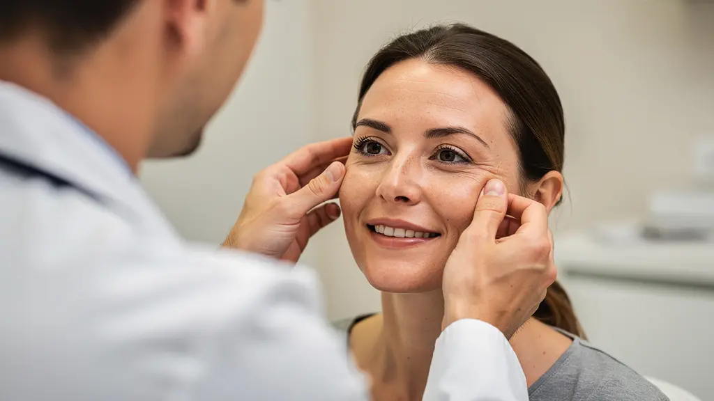 Chirurgien esthétique examinant le résultat d'une intervention lors d'une consultation de suivi