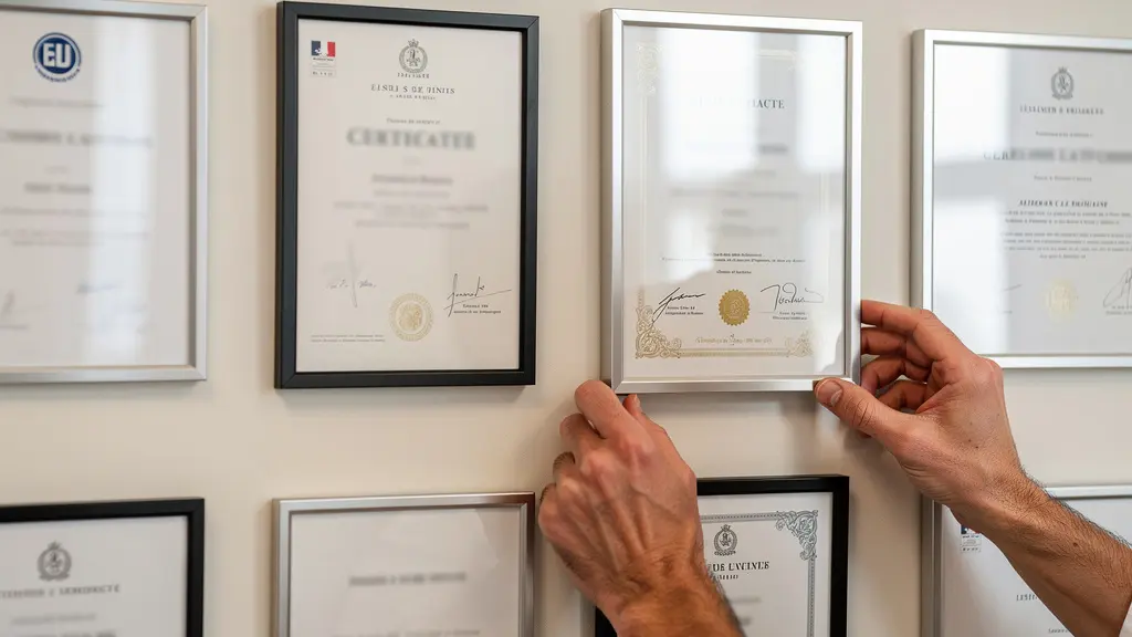 Diplômes et certifications professionnelles encadrés sur le mur d'un cabinet de chirurgie esthétique parisien