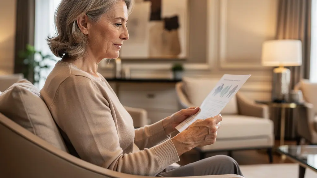 Patiente sereine consultant des informations dans une salle d'attente moderne de cabinet de chirurgie esthétique